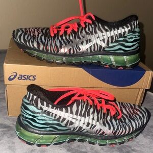 ASICS Black & White Zebra Print Running Shoes with Coral Laces and Aqua Accents